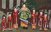 Oiran with Shinzou (teenage attendants) and Kamuro (younger girl attendants)